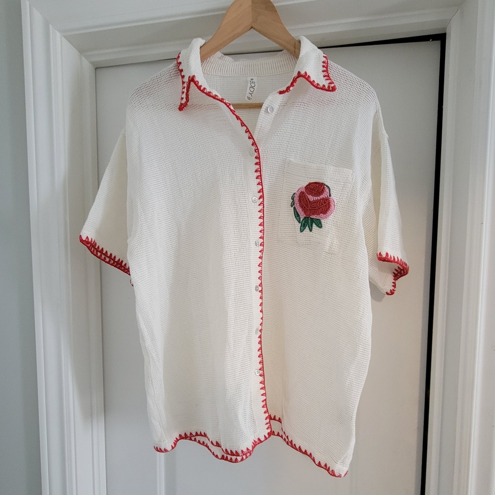 White Cotton Fabric with Red Details